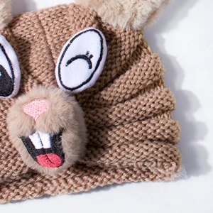 Brown knitted baby winter hat featuring a cute rabbit face design with plush ears