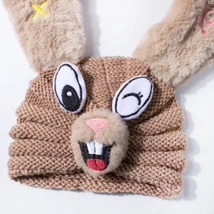 Cozy camel knit baby hat with cartoon rabbit ears and cute embroidered bunny face