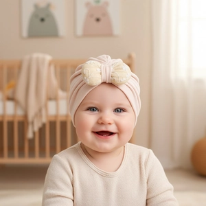 Close-up of baby beanie with quilted bow and soft pleated pink cotton fabric