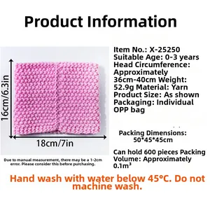 Size chart for pink knitted baby neck warmer with dimensions for ages zero to three