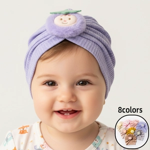 Baby Waffle Knit Turban Hat Cute Smile Face Fruit Decor Soft Stretchy Headwrap Infant Toddler Newborn Beanie Headwear