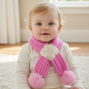 Kids Knitted Cross Scarf Winter Warm Polyester Muffler With Pom Poms Solid Color Neck Warmer For Baby Boys Girls