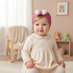 Close-up of a pink baby headband featuring a delicate white polka dot embroidered bow