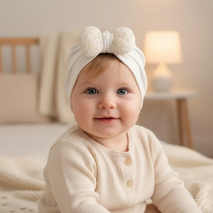 Close-up of a white baby turban hat with lace bow worn by a child in a cozy setting