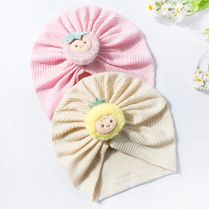 Soft waffle knit baby hats with cute plush strawberry and pineapple cartoon decorations