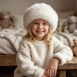 Close-up of white faux fur winter Mongolian hat for kids with soft plush texture