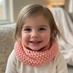 Close-up of baby pink chunky knit snood with textured honeycomb pattern on young girl