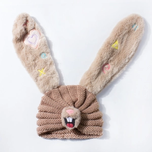 Brown knit baby winter hat featuring plush bunny ears with colorful heart embroidery