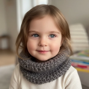 Close-up of a warm grey chunky knit infinity scarf for toddlers in winter