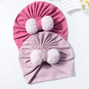 Infant cotton knitted hats with floral bow in rose red and light purple colors