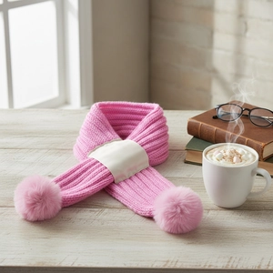 Pink knitted baby scarf with pompoms and cross-over design for winter warmth