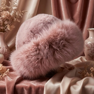 Elegant dusty pink faux fur Mongolian hat for winter with thick plush warm lining