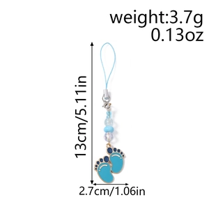 Detail view of blue paw print charm with beaded strap showing size and weight specs