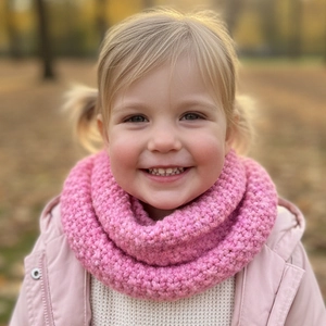 Pink knit baby neck warmer infinity scarf shown on child in cozy outdoor park setting
