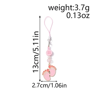 Detailed view of a pink beaded phone strap with enamel footprints and a 13cm length measurement
