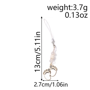 Detailed view of beaded phone charm with baby footprint pendant and size dimensions