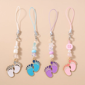 Cartoon Baby Footprint Beaded Keychain Phone Strap Bag Pendant Charm Enamel Zinc Alloy Footstep Jewelry Gift Decoration
