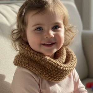 Close-up of warm chunky knit texture on a brown baby neck warmer for winter wear