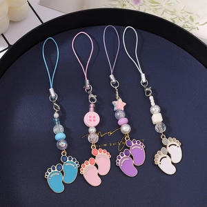 Set of 4 colorful beaded phone charms with metal footprint pendants and pearls