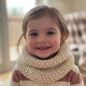 Close-up of beige knit baby neck warmer showing thick ribbed texture and warm yarn details
