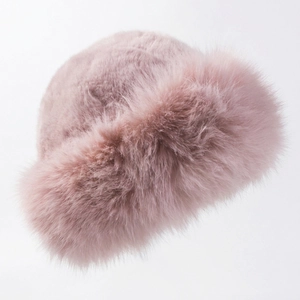 Winter plush dusty pink faux mink fur Mongolian hat with warm fluffy trim for women