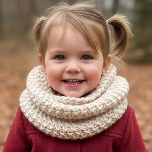 Close-up of cozy beige knit snood for toddlers paired with a red wool winter coat
