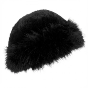 Close-up of thick black faux fur material on a winter Mongolian style hat for kids