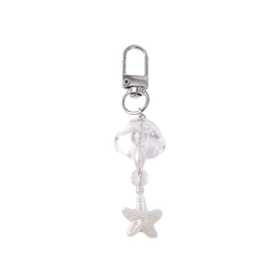 Porte-clés thème marin avec pendentif étoile de mer blanche, perles et anneau en D