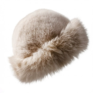 Close-up of the plush faux fur texture and beige winter bucket hat material