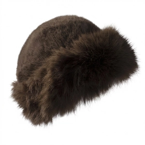 Close-up detail of plush fluffy dark brown faux mink fur winter hat with wide brim