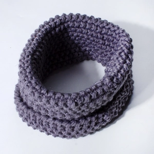 Detailed close-up showing thick knit texture and purple wool fabric of baby neck warmer scarf