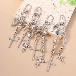 Silver beaded keychain set with rhinestone cross charms and metal links