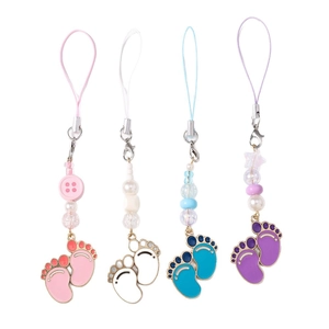 Set of four colorful baby footprint pendants with beads for bags and mobile phones