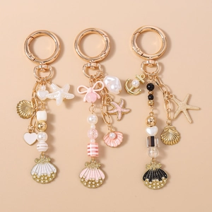 Fashion Marine Theme Shell Starfish Faux Artificial Pearl Keychain For Women Gold Plated Alloy Seashell Bag Charm Accessories Gift