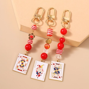 Three-piece bunny poker card keychain set with red beads and golden metal charms