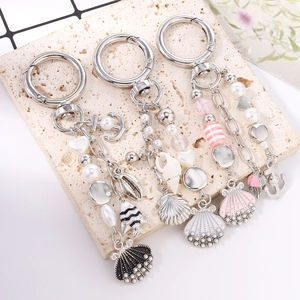 Fashion pearl beaded keychain with sea shell and anchor charms for bags and accessories