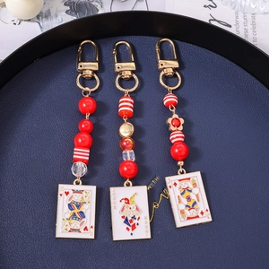 Three Alice Poker cards charms keychains with enamel pendants and colorful beads