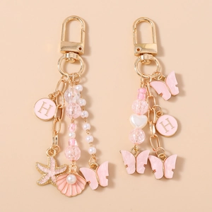 Porte-clés Papillon Coquillage Étoile de Mer Rose Avec Lettre H Alliage Doré Künstliche Perles d'Imitation Bijoux de Sac Femme