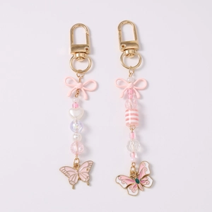 Portachiavi con perline rosa con fiocco e farfalla per borse e chiavi con gancio oro
