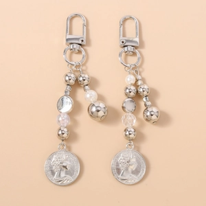 Portachiavi in Metallo con Perline Argento Moda Elizabeth II Ritratto di Moneta Ciondolo Borsa Künstliche Perle Sintetiche Perline Acriliche Gioielli