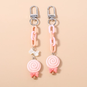 Cute Lollipop Resin Keychain With Bow Decoration Sweet Pink Plastic Chain Simulation Food Bag Pendant Gift For Women Kids