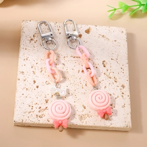 Lollipop keychain pendant with pink resin charm and stylish double-color plastic chain link