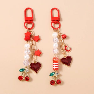 Red Cherry Heart Star Beaded Keychain For Women Zinc Alloy Rhinestone Bag Charm Sweet Style Key Ring Accessories Gift