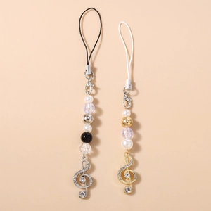 Fashion Treble Clef Rhinestone Artificial Pearl Phone Charm Musical Note Beaded Alloy Bag Pendant For Women Girls Decoration Accessory