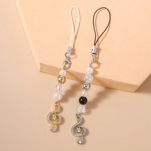 Fashion pearl beaded phone charms with rhinestone music note pendant in gold and silver