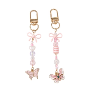 Portachiavi chic con perline rosa e ciondoli a farfalla dorati per borse e accessori