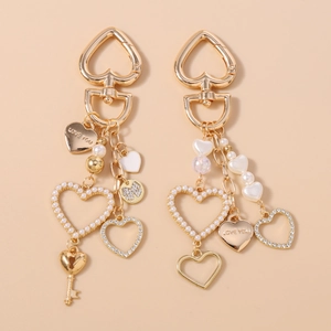 Portachiavi Moda in Lega Dorata a Cuore Con Perla Artificial Sintetica Strass Scritta Love You Ciondolo per Borsa Donna Regalo di San Valentino