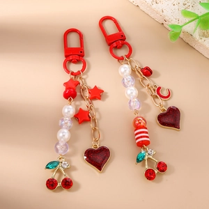 Star beaded cherry heart keychain charm with red pearls and gold lobster clasp