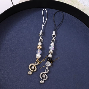 Fashion pearl beaded keychain with rhinestone musical note pendant in gold and silver