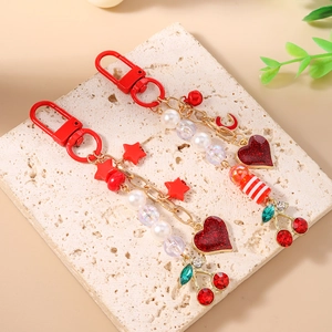 Beaded cherry and star heart keychain with red lobster clasp for bag accessory